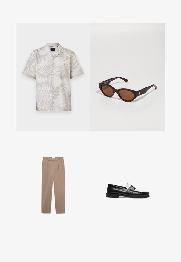 Kortermet skjorte i lyst beige lin med palmemønster, med notched krage og knappestilling. Subtilt bladdesign over stoffet.; Beige dressbukser med rette ben, med frontfrynser og en jevn tekstur. Midjehøyde med en sikker midjebånd og ingen synlige detaljer.; Svart og hvit skinnloafer med glanset finish, med flat såle, etset detaljer og en dekorativ stropp over vristen.; Brune solbriller med mørkebrune rektangulære brilleglass, med en glatt tekstur og diskret logodetalj på siden.