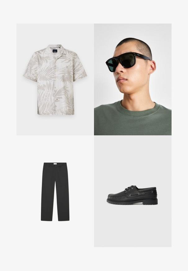 Košile s krátkým rukávem v světle béžovém lnu se vzorem palem, s klopovým límcem a zapínáním na knoflíky. Jemný listový vzor na látce.; Černé kalhoty vyrobené z lehkého materiálu. Mají rovný střih s plochým předním dílem, bočními kapsami a diskrétními pasem.; Černá kožená loďková obuv s silnou gumovou podrážkou, šněrováním vpředu a dekorativními bočními dírkami na jednoduchém světle šedém pozadí.; Černé obdélníkové sluneční brýle s tmavými skly, které mají charakteristický tvar a logo na straně. Nosí je osoba v zelené košili.