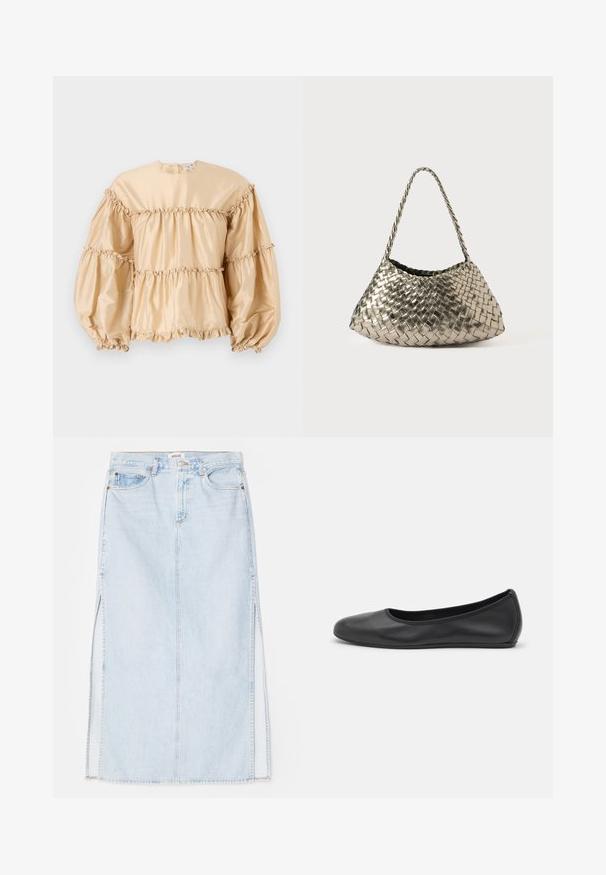 Blusa in satin beige con maniche a sbuffo, design a strati e dettagli arricciati lungo le cuciture. Collo rotondo con chiusura sul retro.; Gonna maxi in denim azzurro chiaro con taglio dritto, dotata di spacchi laterali e design a cinque tasche. Cuciture in evidenza e chiusura con bottone in metallo.; Pantofole da balletto nere in pelle con punta arrotondata, texture liscia, dettagli di cucitura minimi e design con suola flessibile.; Borsa in tessuto metallico intrecciato con forma triangolare, dotata di una tracolla intrecciata e un interno rivestito in velluto. Colore: argento. Texture: liscia e simile a un tessuto.