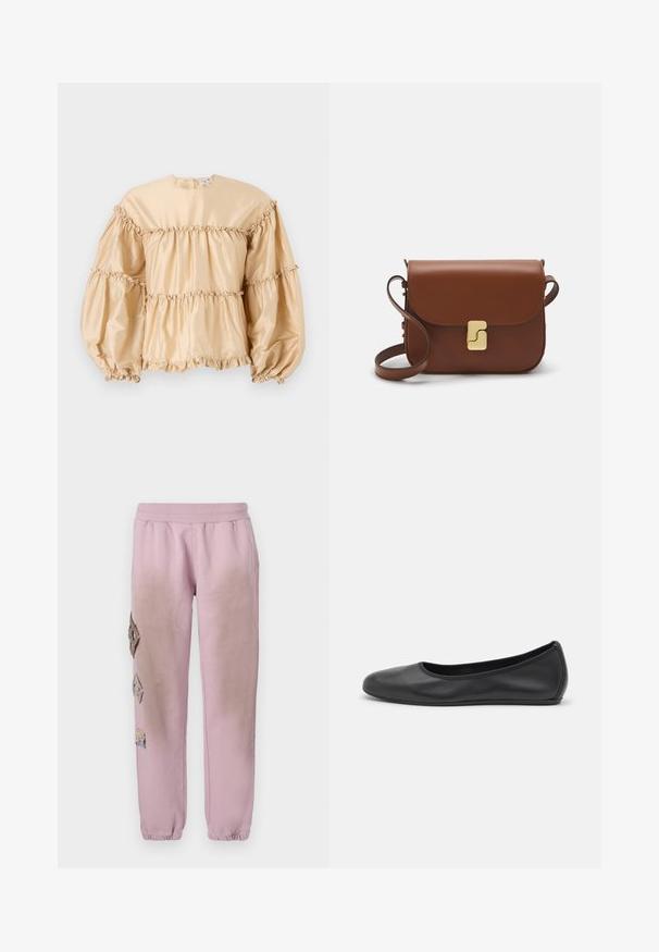 Beige satinblus med puffärmar, tiered design och rynkade detaljer längs sömmarna. Rund halsringning med bakre stängning.; Rosa sweatpants med elastisk midjeband, med dekorativa lappar i diamantsform på vänster sida och elastiska manschetter vid anklarna.; Svart läderballerinaskor med rund tå, slät yta, minimala söm detaljer och en flexibel sula.; Brun läderhandväska med klaffstängning, guldfärgad hårdvara, axelrem och en slät yta. Kompakt rektangulär form.