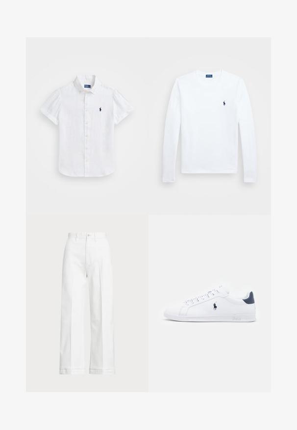 White short-sleeve button-up shirt made of linen, featuring a collared neck and a small embroidered logo on the left chest.; White long-sleeve shirt, cotton material, round neckline, featuring small navy logo on the left chest. Simple design, regular fit.; White wide-leg trousers with a high waist, featuring a button closure and subtle stitching details. Made from cotton with a smooth texture.; White leather sneakers with a smooth finish, navy accents, and a small logo on the side. Features flat laces and textured rubber sole.