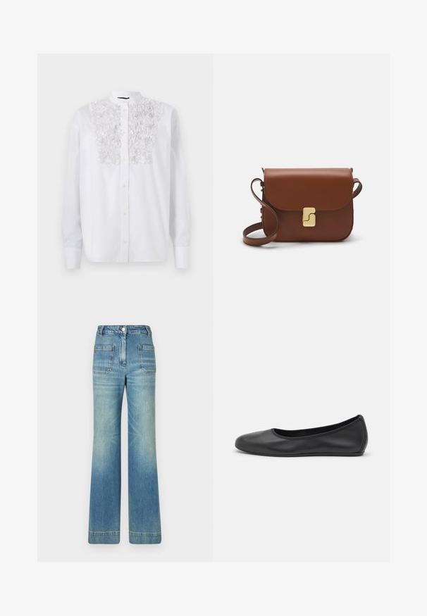 White button-up shirt featuring a textured floral detail on the chest, long sleeves, and a mandarin collar. Smooth cotton fabric.; White short-sleeve t-shirt made of ribbed fabric. Round neckline, regular fit, and subtle stitching details. No patterns or graphics.; Light blue denim flared jeans with five pockets, belt loops, button closure, and a slightly faded texture, featuring a red logo detail on the back.; Black leather ballet flat with a rounded toe, smooth texture, minimal stitching detail, and a flexible sole design.; Brown leather handbag with a flap closure, gold-tone hardware, a shoulder strap, and a smooth texture. Compact rectangular shape.