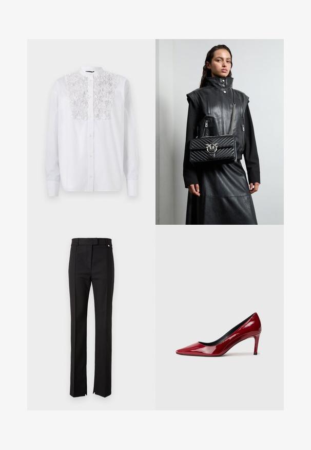 Bela srajca z gumbi, ki ima teksturirane cvetlične detajle na prsih, dolge rokave in mandžarsko ovratnico. Gladek bombažen material.; Črne prilagojene hlače s ravno nogo, ki vključujejo pas z zapiranjem na gumb in stranske razpoke na koncu.; Rdeče lakirane usnjene visoke pete z ostrim nosom in tankim peto. Gladka tekstura z sijajno površino in črno notranjostjo.; Črni usnjeni brezrokavnik z visokim ovratnikom, zadrgami in črno kviltirano torbico z srebrnimi dodatki, oblečen z dolgo črno krilo.