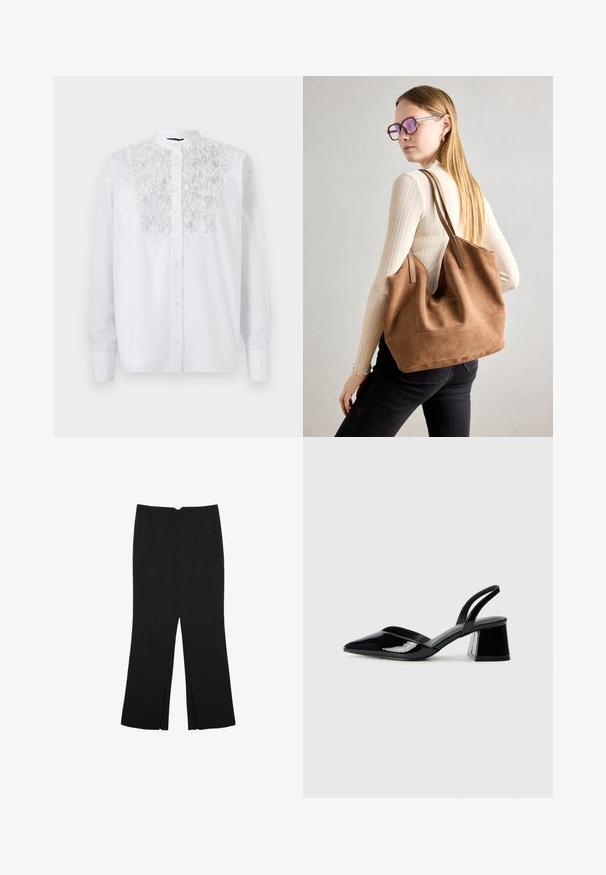 Weißes Hemd mit Knopfverschluss, das über ein strukturiertes Blumenmuster auf der Brust, lange Ärmel und einen Stehkragen verfügt. Aus glattem Baumwollstoff.; Schwarze Hose mit geradem Schnitt, ausgestattet mit Fronttaschen und Seitenschlitzen am Saum. Hergestellt aus weichem, glattem Stoff. Geeignet für verschiedene Anlässe.; Schwarze Lackleder-Slingback-High Heels mit spitzem Schuh und einem geometrischen Blockabsatz. Verfügt über ein schlankes, minimalistisches Design und eine glatte Textur.; Braune Wildleder-Tasche mit weicher Textur, großer Öffnung und langen Trägern. Sie verfügt über ein simples Design mit sichtbarem Stich und ohne Beschläge.