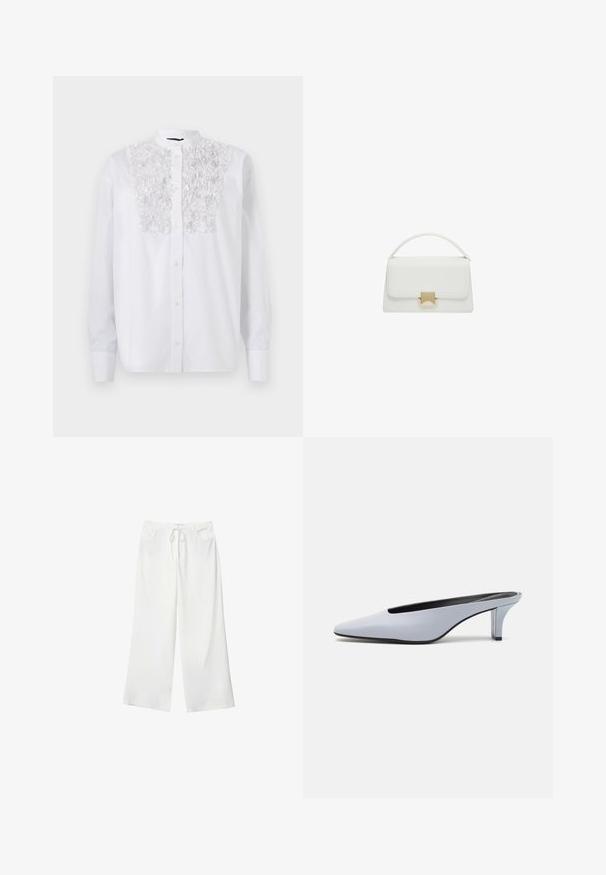 White button-up shirt featuring a textured floral detail on the chest, long sleeves, and a mandarin collar. Smooth cotton fabric.; White wide-leg pants made of soft fabric, featuring a drawstring waist and two front pockets. Smooth texture and no visible patterns.; Light blue patent leather mule with a pointed toe, low transparent heel, and a sleek design featuring a cut-out at the vamp.; White leather handbag with a structured design, featuring a top handle and a gold-tone clasp. Smooth texture and minimalistic accents.