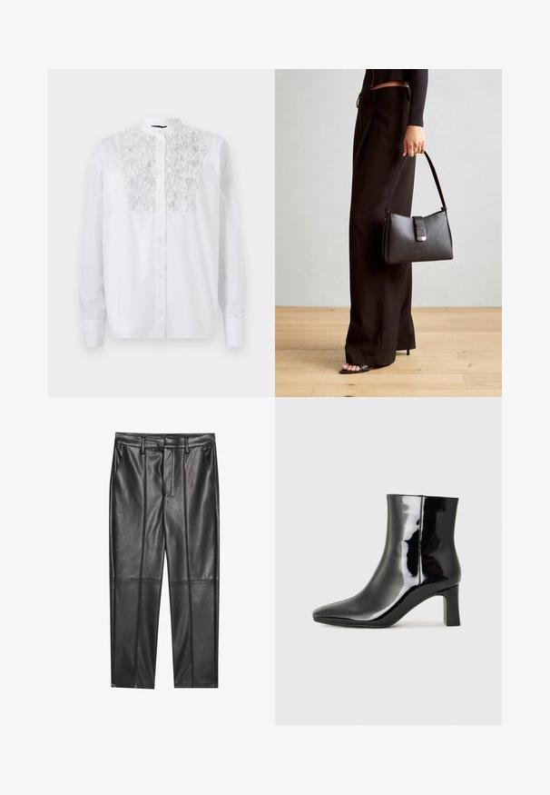 Valge nööpidega särk, millel on tekstureeritud lillemuster rinnaosas, pikad varrukad ja mandariinikaelus. Sile puuvillane kangas.; Mustad nahkpüksid sileda tekstuuriga, sirge lõikega, kahe eesmine taskuga ja nähtavate õmblusteta.; Must-sinine nahkjalats musta läikiva viimistlusega, millel on terav nina ja keskmise kõrgusega plokk konts. Sile tekstuur ja minimalistik disain.; Must musta kott, millel on struktureeritud kuju, sile tekstuur ja metallist klamber. Kombineeritud laiate mustade pükstega ja avatud varvaste sandaalidega puidust põrandal.
