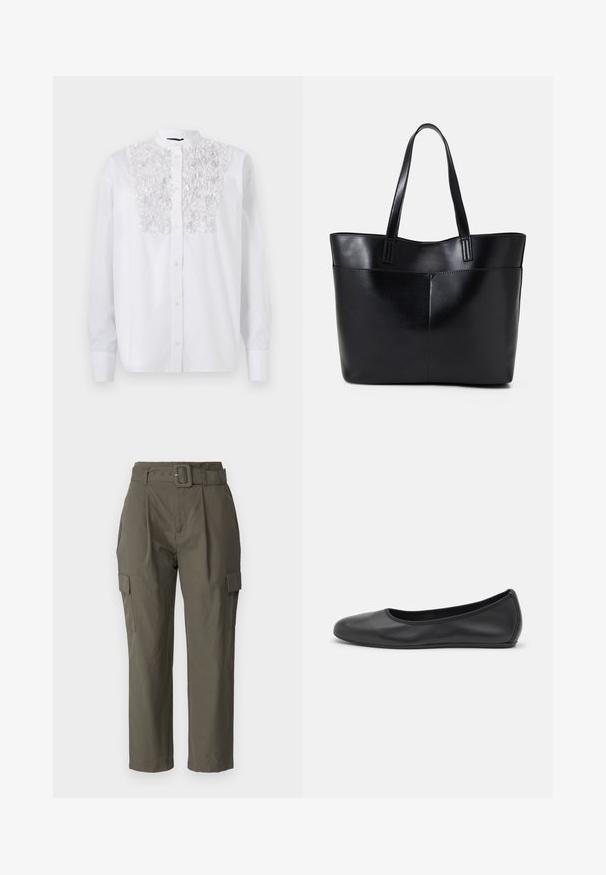 Chemise blanche à boutons avec un détail floral texturé sur la poitrine, des manches longues et un col Mao. Tissu en coton lisse.; Pantalons cargo en vert olive, fabriqués en tissu léger. Les caractéristiques comprennent une taille ceinturée, des plis avant et des poches latérales avec fermetures à rabat.; Ballerines en cuir noir avec un bout rond, texture lisse, détails de couture minimalistes et design de semelle flexible.; Sac fourre-tout en cuir noir avec deux longues poignées, une texture lisse et une forme structurée. Dispose d'une poche avant pour un rangement supplémentaire.