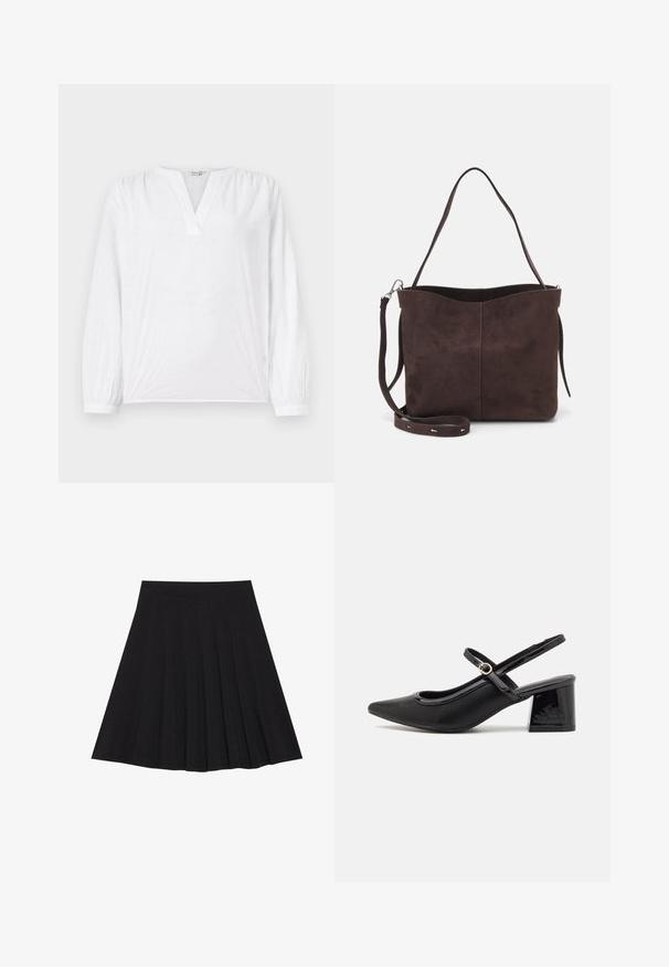 Fehér blúz hosszú ujjal, V-nyakkivágással és hímzett virágmintával. Puha anyag, enyhén textúrált felülettel. Rugalmas mandzsetták.; Fekete, pliszírozott szoknya texturált anyagból, szűk derékpánttal. Térd alá ér, sima, letisztult vonalvezetéssel.; Fekete lakk bőr, pántos magassarkú cipő, hegyes orral, lekerekített kivágással és tömbsarkal. Arany színű csat díszíti.; Barna velúrbőr táska puha tapintással, egyetlen vállpánttal és finoman ívelt felső nyitással. Nincs látható fémrész.