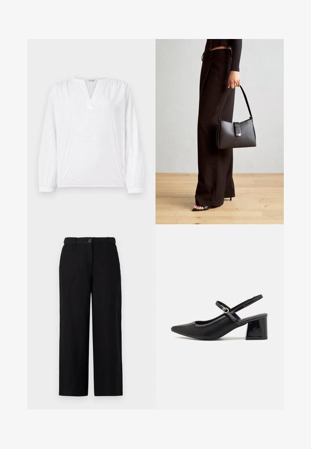 Blusa branca com mangas longas, decote em V e padrão floral bordado. Tecido macio com um acabamento ligeiramente texturizado. Punhos elásticos.; Calças largas pretas feitas de um tecido leve, com fecho frontal em botão e passantes para cinto. Textura suave sem padrões visíveis.; Sabrinas de cerâmica preta com salto bloco, bico apontado e um design com recortes arredondados. Apresenta um detalhe em fivela de tom dourado.; Bolsa preta com forma estruturada, textura suave e um fecho metálico. Combinada com calças largas pretas e sandálias de salto aberto sobre um chão de madeira.