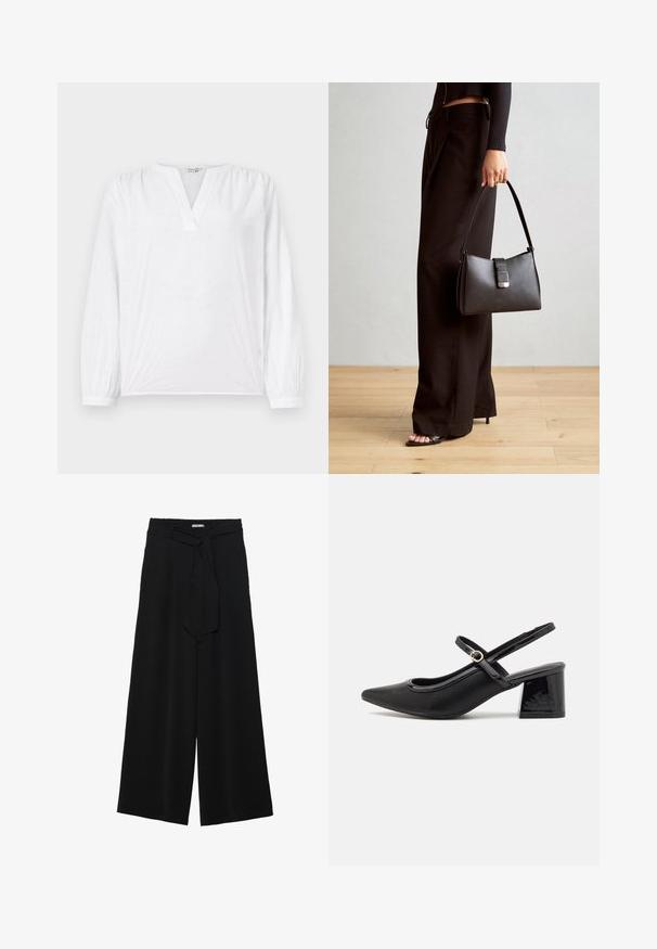 Hvit bluse med lange ermer, V-hals og brodert blomstermønster. Myk stoff med en litt strukturert overflate. Elastiske mansjetter.; Svart vide bukser med teksturert stoff, elastisk midje og avtagbart belte som gir justerbar passform.; Sorte lakk lær slingback hæler med spiss tå, et avrundet utskjæringsdesign og blokkheel. Har en gulltone spenne som detalj.; Svart håndveske med strukturert form, jevn tekstur og metallisk lås. Kombinert med brede svarte bukser og sandaler med åpen tå på tregulv.