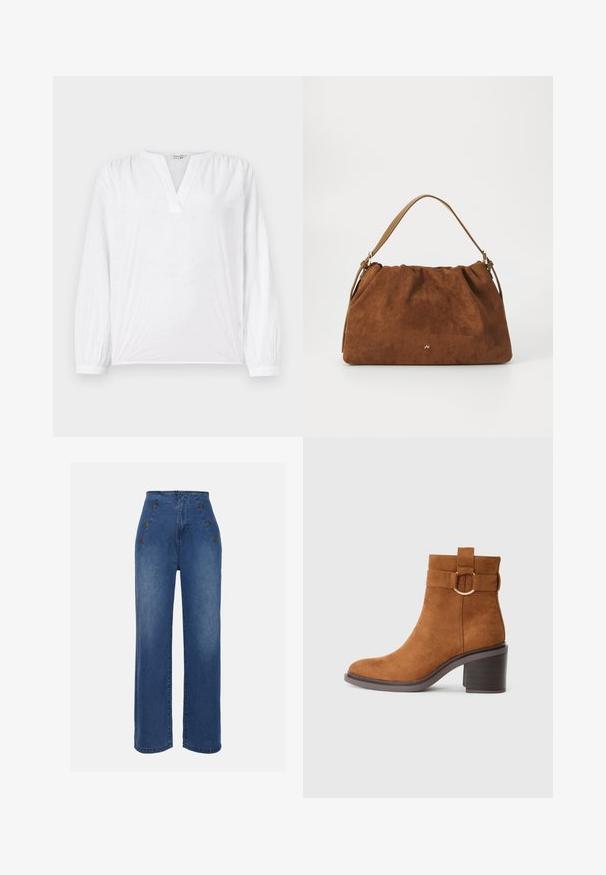 Vit blus med långa ärmar, V-ringning och broderad blommönster. Mjuk tyg med en något texturerad yta. Elastiska ärmslut.; Höga jeans i medelblått. Har knappar framtill och vida ben. Tyget har en slät textur med lätt blekning.; Brun mockaskin ankelboot med rund tå, blockklack och en dekorativ rem med ett cirkulärt spännvidd.; Brun mockaläderhandväska med ett samlat mönster, som har en enkel rem i tanläder och en subtil guldfärgad logotypdetalj på framsidan.