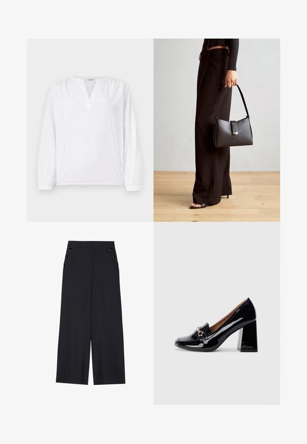 White blouse with long sleeves, V-neckline, and embroidered floral pattern. Soft fabric with a slightly textured finish. Elasticated cuffs.; Wide-leg trousers in dark navy fabric, featuring a smooth texture, front pleats, and decorative gold-tone eyelets on the side pockets.; Black patent leather high-heeled shoe with a pointed toe and block heel. Features a decorative strap and buckle detail on the vamp.; Black handbag with structured shape, smooth texture, and a metallic clasp. Paired with wide black pants and open-toe sandals on wooden floor.