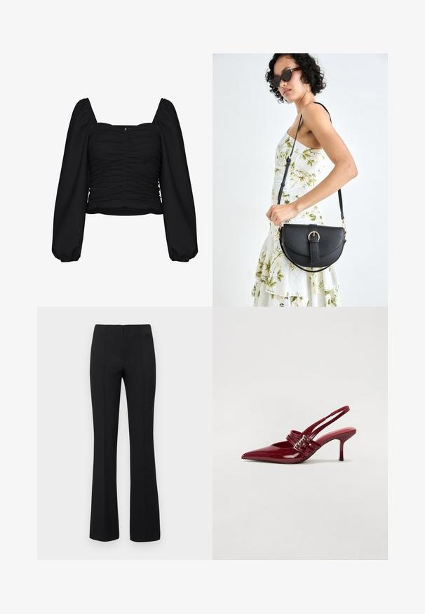 Juodas trumpas bluzonas, pagamintas iš tekstūruoto audinio, su kvadratine iškirpte, raukšlėta kūno dalimi ir ilgomis pūstomis rankovėmis su elastingais rankogaliais.; Juodos plačios kelnės su rausvos tekstūros ir prigludusia juosmens dalimi. Dizainas apima vertikalius siūlus, kad atrodytų elegantiškai. Nėra matomų detalių.; Raudoni blizgūs odiniai bateliai su atviru kulnu, smailiu nosiu, dviem užsegimais ir plonu, vidutinio aukščio stiletto kulnu. Lygus paviršius.; Juodas odinis krepšys su išlenkta forma, nuimamu dirželiu ir auksiniais detalėmis. Krepšys turi kilpą su sagtimi.