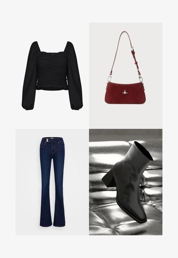 Fekete, cropped blúz, textúrált anyagból, négyzet alakú nyakkivágással, ráncolt testtel és hosszú puff ujjal, rugalmas mandzsettákkal.; Sötétkék bővülő farmernadrág, magas derékkal, két elülső zsebbel és két gombos záródással. Finom textúrájú denim anyagból készült.; Fekete bokacsizma fényes anyagból, négyzetes orral és szűkített sarkú, egy csillogó ezüst kárpitozott háttér előtt.; Piros velúr válltáska ívelt formával. Ezüst tónusú kiegészítőkkel és állítható pánttal, hardver részletekkel. Simább felszíne van.