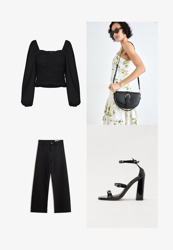 Čierny skrátený blúzok vyrobený z textúrovaného materiálu, s štvorcovým výstrihom, riaseným telom a dlhými puff rukávmi s elastickými manžetami.; Čierne denimové nohavice s širokými nohavicami a vysokým pásom, so prednými a zadnými vreckami, šitými švami a zapínaním na gombík. Hladká textúra.; Čierne lakované sandále na vysokom opätku s dvoma prackami, štvorcovou špičkou a hrubým blokovým opätkom, s hladkou, lesklou textúrou.; Čierna kožená kabelka s zaobleným tvarom, odnímateľným popruhom a zlatými doplnkami. Kabelka má klopu s detailom s prackou.