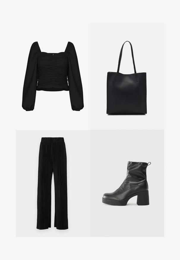 Svart, kort blouse laget av strukturert stoff, med firkantet utringning, rynket kropp og lange puff-ermer med elastiske mansjetter.; Sorte plisserte bukser med elastisk midje. Har vide ben og et glatt, strukturert stoff med vertikale striper.; Svarte ankelstøvler laget av glatt lær, med glidelås på siden, chunky strukturert hæl, og rund tå-design.; Svart lær tote bag med glatt tekstur, rektangulær form og to lange håndtak. Ingen synlige deler eller dekorasjoner.