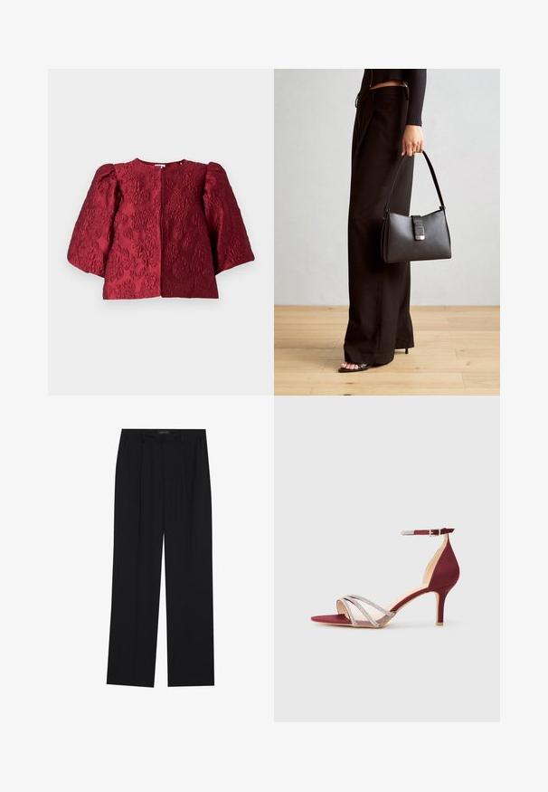 Giacca bordeaux con texture, colletto rotondo, maniche a sbuffo voluminose e chiusura frontale nascosta. Presenta un motivo floreale in rilievo.; Pantaloni neri con un design a gamba dritta, dotati di due tasche frontali e di una vita. Realizzati in un tessuto morbido e leggero.; Sandal con tacco cremisi caratterizzato da mesh incrociato e cinturini decorati, punta aperta, tacco sottile e dettaglio con fibbia alla caviglia.; Borsa nera con forma strutturata, texture liscia e una chiusura metallica. Abbinata a pantaloni neri larghi e sandali open-toe su un pavimento in legno.