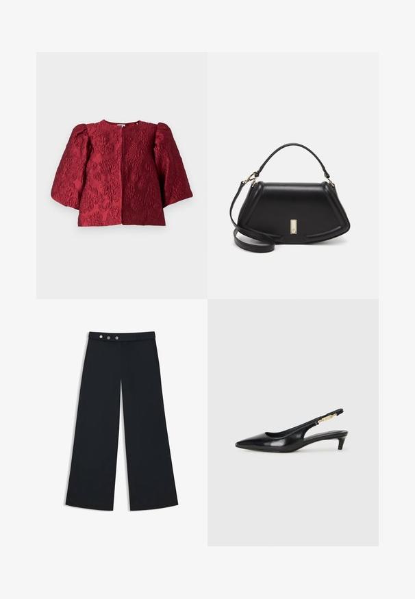 Giacca bordeaux con texture, colletto rotondo, maniche a sbuffo voluminose e chiusura frontale nascosta. Presenta un motivo floreale in rilievo.; Pantaloni neri a gamba larga con una texture liscia, dotati di una vita piatta, chiusura a doppio bottone e tasche laterali.; Tacchi slingback in pelle nera con punta affusolata, caratterizzati da un tacco alto e un accento dorato sulla cinghia regolabile. Texture liscia.; Borsa a mano in pelle nera con un design strutturato, caratterizzata da una forma corta, manico superiore e accessori in metallo dorato. Inclusa tracolla regolabile.
