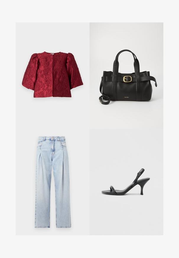 Veste texturée bordeaux avec un col rond, des manches bouffantes volumineuses et une fermeture avant dissimulée. Présente un motif floral en relief.; Jeans en denim bleu clair avec taille haute, coupe large, deux poches latérales et design plissé. Texture douce avec une finition décolorée.; Sandales à talons hauts en cuir noir avec un talon fin et courbé et un design de brides croisées. Bride de cheville réglable. Texture lisse.; Sac à main en cuir noir présentant un design structuré, deux poignées supérieures, un accent de boucle en ton doré et un logo de la marque en relief à l'avant.