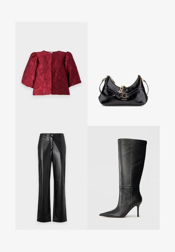 Burgunderfarbener strukturierter Blazer mit rundem Ausschnitt, voluminösen Puffärmeln und verdecktem Frontverschluss. Verfügt über ein geprägtes Blumenmuster.; Schwarze Lederhosen mit geradem Bein, ausgestattet mit einem vorderen Knopfverschluss, Gürtelschlaufen und einer glatten, polierten Oberfläche.; Schwarze Lederstiefel bis zum Knie mit spitzem Zehenbereich und schlankem Stiletto-Absatz, glatte Textur, Seitenansicht auf neutralem Hintergrund.; Schwarze Lackledertasche mit geschwungenem Design, goldenen Hardware-Akzenten und einem auffälligen Logo. Inklusive abnehmbarem Schultergurt.