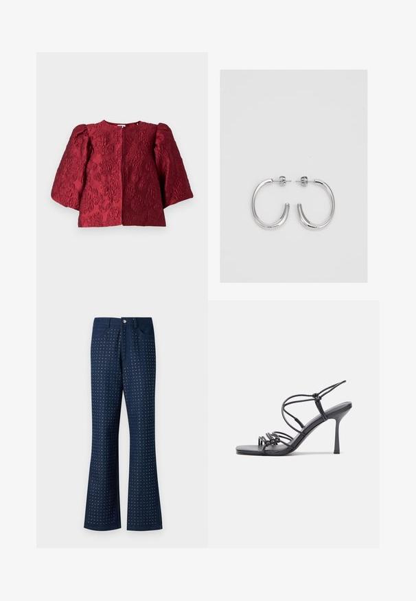 Burgundy textured jacket with a round neckline, voluminous puff sleeves, and a hidden front closure. Features an embossed floral pattern.; Flared dark blue jeans featuring a studded pattern throughout, five pockets, and a metal button closure. Made from denim fabric.; Black high-heeled sandals feature thin straps with a knotted design, a smooth square toe, and a sleek stiletto heel.; Silver hoop earrings with a smooth, shiny finish. Rounded shape, lightweight design, featuring a post-back closure.
