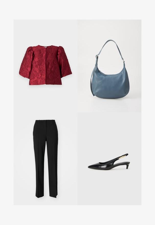 Burgundijska teksturirana jakna s okruglim izrezom, voluminoznim puf rukavima i skrivenim prednjim zatvaranjem. Ima utisnut cvjetni uzorak.; Crne krojene hlače ravnog kroja, s glatkom teksturom i oštrim pregibima naprijed. Bez vidljivih metalnih dijelova.; Crne kožne sandale s petom, s izduženim vrhom, imaju usku petu i zlatni akcent na podesivoj traci. Glatka tekstura.; Plava kožna torba u obliku kruške, s jednim remenom za rame, zatvaranjem na patentni zatvarač i utisnutim nazivom brenda sprijeda. Glatka tekstura.
