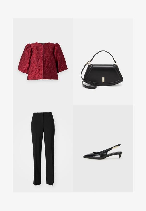 Burgundská texturovaná bunda s kulatým výstřihem, objemnými nabíranými rukávy a skrytým zapínáním vpředu. Obsahuje reliéfní květinový vzor.; Černé kalhoty na míru se střihem do rovna, které mají hladkou texturu a ostré sklady na přední straně. Bez viditelného kování.; Černé kožené boty na podpatku s otevřenou patou a špičatou špičkou, s tenkým podpatkem a zlatým akcentem na nastavitelném pásku. Hladký povrch.; Černá kožená kabelka se strukturovaným designem, jejíž tvar je zkrácený, má horní rukojeť a zlaté kovové detaily. Součástí je i nastavitelný ramenní popruh.
