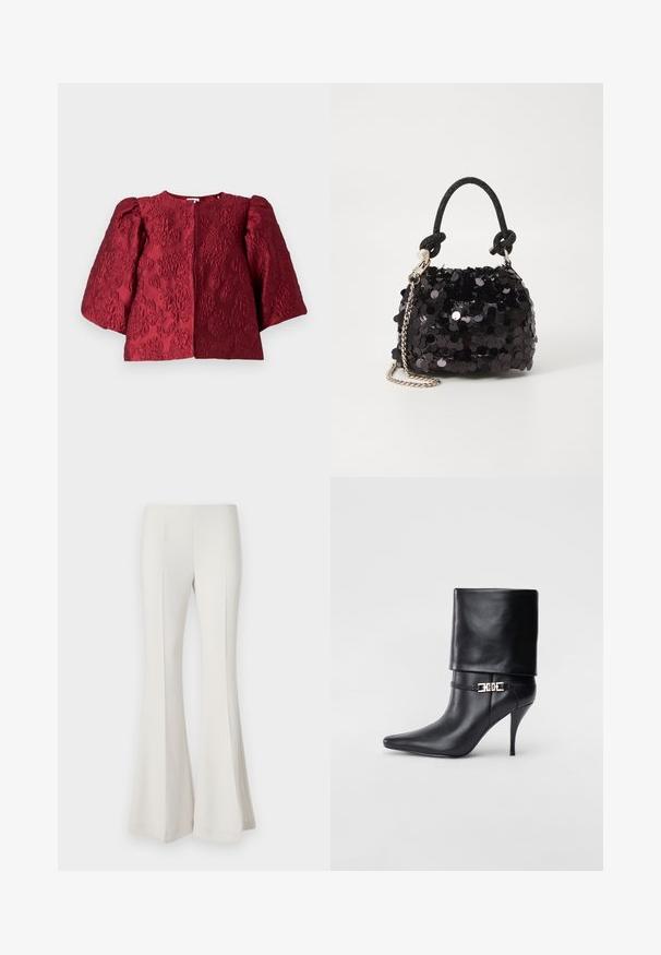 Veste texturée bordeaux avec un col rond, des manches bouffantes volumineuses et une fermeture avant dissimulée. Présente un motif floral en relief.; Pantalons évasés blancs en tissu lisse et extensible. Dotés d'une taille haute et d'une silhouette ajustée qui s'évasent à partir du genou.; Bottine en cuir noir avec un bout pointu, un haut talon aiguille, un revers, et un détail décoratif en boucle dorée au niveau de la cheville.; Mini sac à main en sequins noirs avec une bandoulière texturée nouée et une chaîne argentée. Forme arrondie avec un haut froncé et des détails réfléchissants.