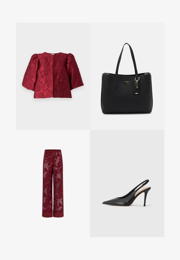 Burgundy texturerad jacka med rund halsringning, voluminösa puffärmar och en dold framknäppning. Har ett präglat blommönster.; Burgundy vida byxor med en genomskinlig blommig spetsöverdel. Har en fast midjeband och detaljer vid fållen, som visar upp intrikata blomsterdräkter.; Svart läder högklackad slingback-sko med spetsig tå, slät yta och ett delikat band med en metallspänne.; Svart tote-väska gjord av texturerat syntetiskt material, med två handtag, en guldplakett med logotyp och en liten tagg med en detalj i accentfärg.
