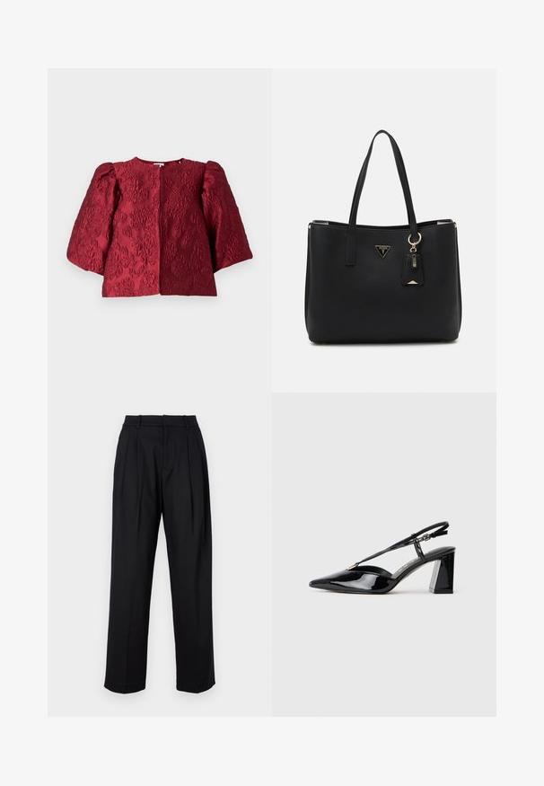 Chaqueta texturizada burdeos con cuello redondo, mangas acampanadas voluminosas y un cierre frontal oculto. Presenta un patrón floral en relieve.; Pantalones negros con un diseño a medida, que presentan una cintura alta, pliegues y un corte recto. Fabricados en tejido suave de color sólido.; Zapatos de tacón alto de charol negro con puntera puntiaguda, correa ajustable y tacón rectangular grueso.; Bolso tote negro hecho de material sintético texturizado, con dos asas, una placa de logo dorada y una pequeña etiqueta con un detalle de acento.