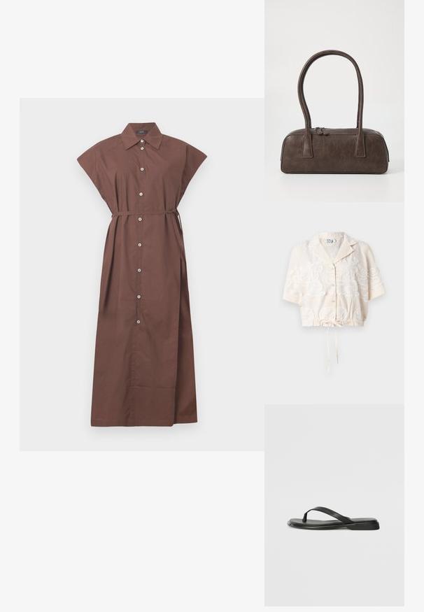 Gekürztes Hemd in hellem Beige mit floraler Stickerei, kurzen Ärmeln, einem Kordelzugsaum und einem klassischen Kragendesign.; Braunes Hemdkleid mit Kragen, kurzen Ärmeln, einem Taillengürtel und einem langen, fließenden Design. Glattes Baumwollmaterial.; Schwarze Flip-Flops aus glattem Leder, mit einem dünnen Riemendesign und einer flachen Sohle mit minimalem Profil. Keine bemerkenswerten Muster oder Akzente.; Braune Lederhandtasche mit zwei stabilen Griffen, rechteckiger Form, glatter Oberfläche und Reißverschluss. Minimalistisches Design ohne sichtbare Muster.