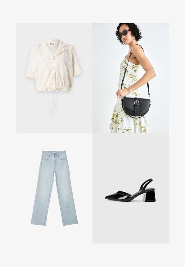 Cropped button-up shirt in light beige with floral embroidery, short sleeves, a drawstring hem, and a classic collar design.; Light blue wide-leg jeans made of denim. Features five pockets, a button fly, and faded detailing. Classic straight cut with a loose fit.; Black patent leather slingback heels with a pointed toe and a geometric block heel. Features a sleek, minimal design and smooth texture.; Black leather handbag with a curved shape, detachable strap, and gold hardware. The bag features a flap with a buckle detail.