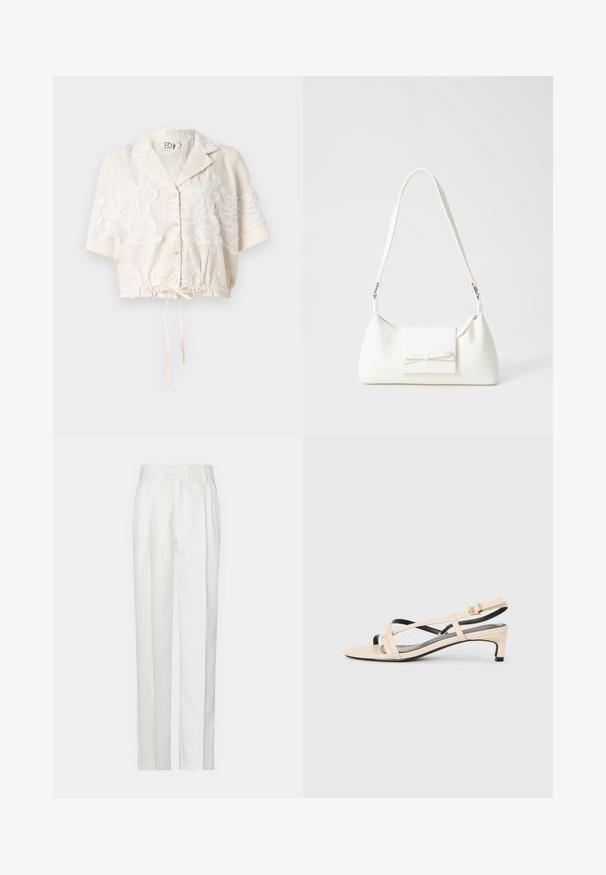 Lyhyt hihainen vaaleanbeige paita, jossa on kukkakirjailua, nyöritettävä helma ja klassinen kauluspainatus.; Valkoiset raitapantalot suoralinjaisella designilla, valmistettu kevyestä kankaasta. Edessä on laskoksia ja perinteinen vyötärö.}}; Beige nahkasaappaat, joissa on ristikkäiset hihnat, matala korko ja mustat korostukset. Suora pinta ja minimalistinen muotoilu.; Valkoinen synteettinen käsilaukku, jossa on kolmikulmainen muoto, tasainen etu läppä ja nauhadetail, säädettävä olkahihna, sileä rakenne ja minimalinen muotoilu.