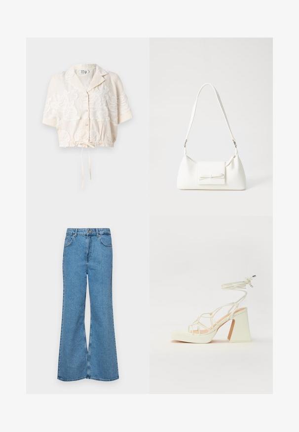 Camisa de botones recortada en un beige claro con bordado floral, mangas cortas, dobladillo con cordón y diseño de cuello clásico.; Jeans acampanados de color azul claro hechos de denim, con una cintura alta, cinco bolsillos y un cierre de botón. Textura suave con acabado desgastado.; Sandalia de tacón alto blanca con un tacón grueso, que presenta un diseño de tiras y un lazo en el tobillo. Textura suave con una plataforma en la parte delantera para mayor altura.; Bolso sintético blanco con forma triangular, tapa frontal plana y detalle de lazo, correa ajustable, textura suave y diseño minimalista.