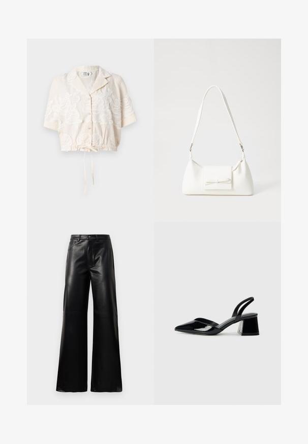 Kuttet skjorte i lys beige med blomsterbroderi, korte ermer, snorstramming i bunnen og klassisk kragedesign.; Sorte høy midje vide ben bukser i imitert skinn med knapp foran, glidelås, beltehemper og sidelommer på hvit bakgrunn.; Svarte patentlær slingback hæler med spiss tå og geometrisk blokk hæl. Har et stilrent, minimalistisk design og jevn tekstur.; Hvit syntetisk håndveske med trekantet form, flat klaff foran og sløyfe detaljer, justerbar stropp, glatt tekstur og minimalistisk design.