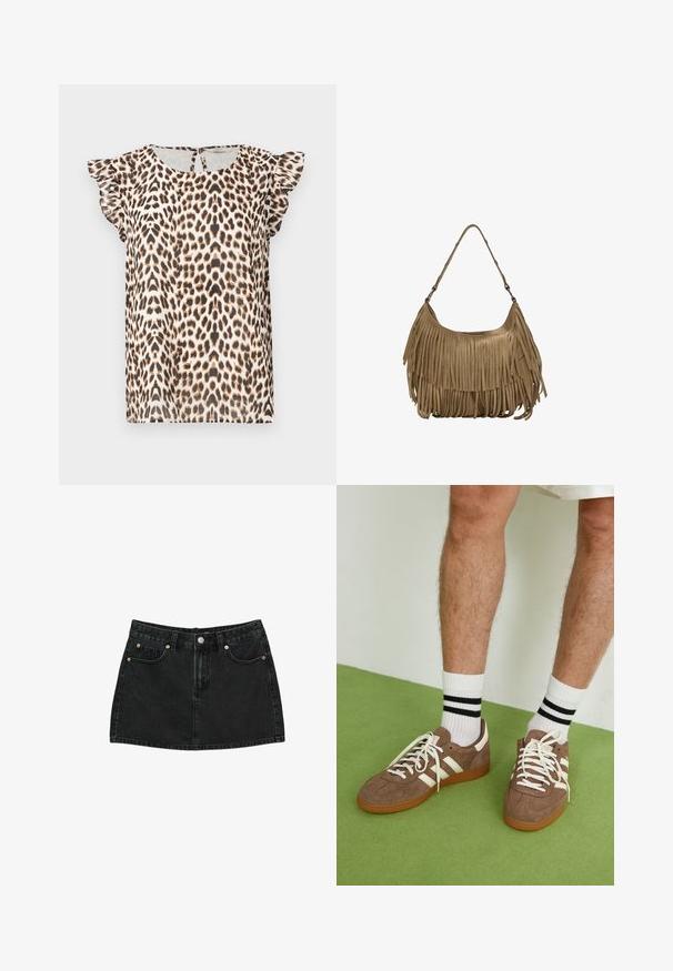 Blouse à motif léopard avec des manches courtes volantées, fabriquée en tissu léger. La palette de couleurs comprend des tons beiges, marron et noirs.; Jupe mini en denim noir avec boutons sur le devant, passants de ceinture et deux poches avant avec rivets en cuivre, posée à plat sur un fond blanc.; Baskets en daim marron avec des accents et des lacets blancs. Semelle en caoutchouc gomme. Portées avec des chaussettes blanches à rayures noires. Sol texturé vert.; Sac à main en daim marron avec des détails en franges longues, une forme incurvée et une seule bandoulière. Caractérisé par une surface lisse et texturée.