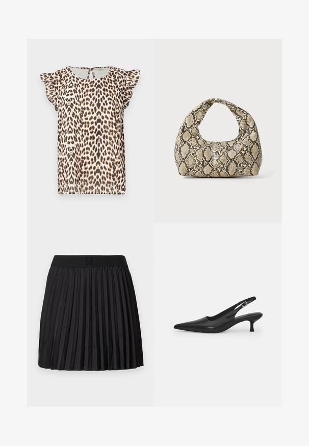 Blusa de estampado de leopardo con mangas cortas y volantes, hecha de tela ligera. La paleta de colores incluye tonos beige, marrón y negro.; Falda plisada negra con una textura suave, que presenta una cintura negra sólida y un detalle de logo grabado en la parte delantera.; Zapato negro de piel tipo slingback con punta afilada y un tacón delgado y curvado. Presenta una correa ajustable discreta con una hebilla de metal.; Bolso de mano con estampado de serpiente y asa curvada. Hecho de materiales texturizados en tonos beige y marrón, con un patrónen diamante distintivo.