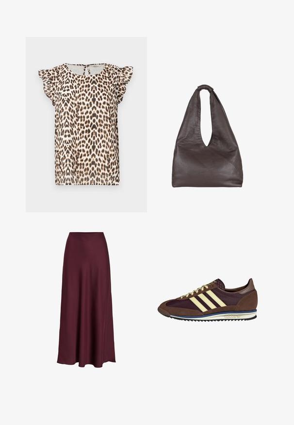 Leopard print blouse with short ruffled sleeves, made from lightweight fabric. Color palette includes beige, brown, and black tones.; Burgundy satin maxi skirt with a smooth texture, high waist, and a flowing silhouette that flares out gently towards the hemline.; Brown and burgundy sneaker with suede and mesh materials, featuring three cream stripes, textured fabric on the tongue, and a rubber sole.; Brown leather bag with a slouchy, oversized design. Features a loop handle and a deep V-cut opening for easy access. Soft texture, minimalist style.