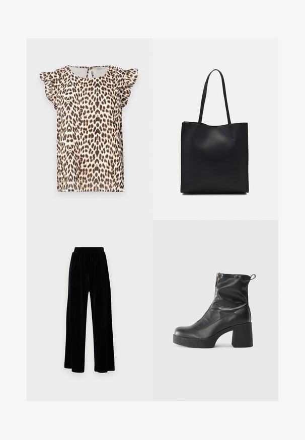 Leopard print blouse with short ruffled sleeves, made from lightweight fabric. Color palette includes beige, brown, and black tones.; Black wide-leg trousers made of soft velvet, featuring an elastic waistband and a smooth texture, with no visible detailing or patterns.; Black ankle boots made of smooth leather, featuring a side zipper, chunky textured heel, and rounded toe design.; Black leather tote bag with smooth texture, rectangular shape, and two long handles. No visible hardware or embellishments.