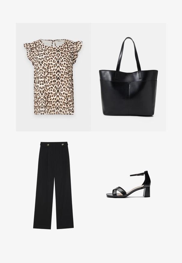 Blusa de estampa de leopardo com mangas curtas em babados, feita em tecido leve. A paleta de cores inclui tons de bege, castanho e preto.; Calças largas pretas com cintura alta, detalhes em botão na cintura e pregas frontais.; Sandália de salto alto preta, com ponta aberta, tiras cruzadas, tira de tornozelo ajustável e um salto robusto, apresentando uma textura de pele lisa.; Bolsa tote preta em couro com duas alças longas, textura suave e forma estruturada. Apresenta um bolso frontal para armazenamento adicional.