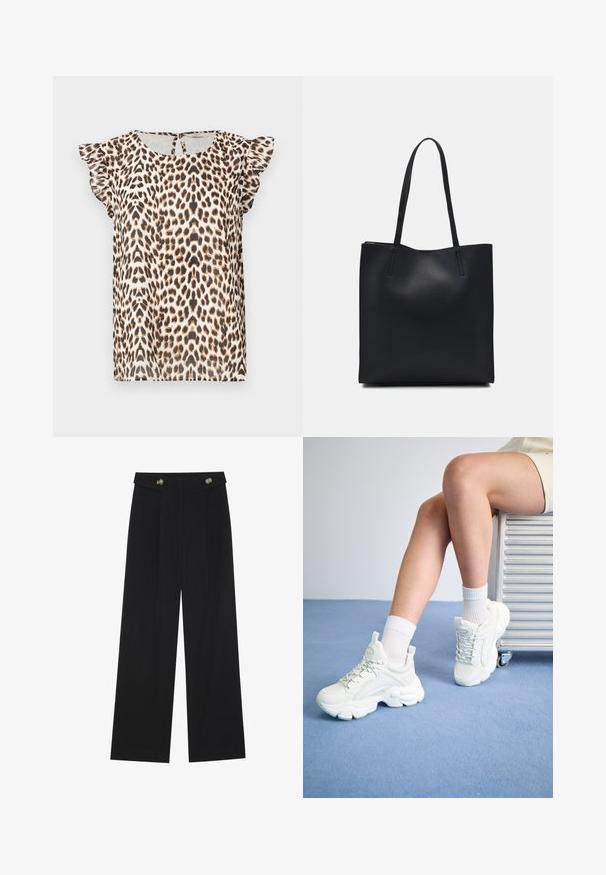 Leopardenmuster-Bluse mit kurzen, rüschigen Ärmeln, aus leichtem Stoff gefertigt. Die Farbpalette umfasst Beige, Braun und schwarze Töne.; Schwarze weite Hosen mit hoher Taille, Knopfdetails am Bund und vorderen Falten.; Weiße Schnürsneaker mit einer dicken Sohle, aus glattem Synthetikmaterial, mit strukturierten Akzenten und einer Schlaufe an der Ferse.; Schwarze Laptoptasche aus Leder mit glatter Textur, rechteckiger Form und zwei langen Griffen. Keine sichtbaren Beschläge oder Verzierungen.