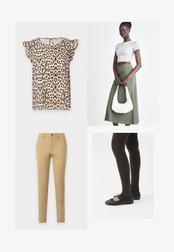 Leopard print blouse with short ruffled sleeves, made from lightweight fabric. Color palette includes beige, brown, and black tones.; Khaki chinos made of cotton blend fabric, featuring a slim fit, belt loops, front pockets, and a single button closure.; Black flat shoes with a small bow detail at the toe, paired with dark brown ribbed tights. Shoes have a smooth texture and low profile.; Gray ribbed crop top and olive green high-waisted skirt. Model holds a white shoulder bag with cut-out detailing. Simple design, fitted silhouette.