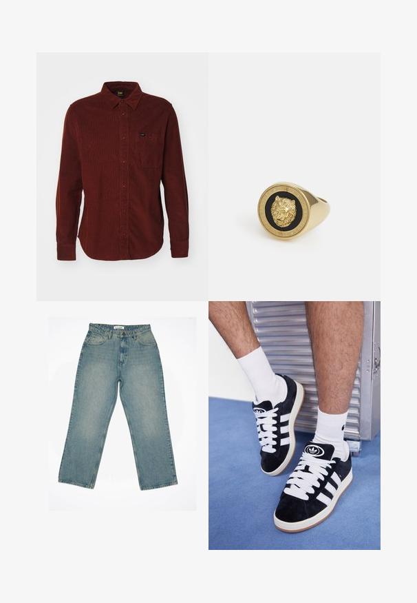 Camisa de pana roja con mangas largas, cuello abotonado, bolsillo frontal y sutil textura acanalada. Etiqueta de la marca visible en el bolsillo.; Camiseta blanca de manga corta hecha de algodón suave. Presenta un cuello redondo y un corte holgado, con una textura suave y un diseño limpio y sin adornos.; Jeans de mezclilla de color azul claro con una cintura alta y un corte de pierna ancha. Presentan bolsillos frontales, un cierre de cremallera y detalles de costura visibles.; Zapatillas de ante negras con cordones blancos y tres rayas blancas. Presentan un logotipo circular negro en la lengüeta y una suela de goma color caramel.; Anillo en tono dorado con un motivo de león en relieve sobre un fondo negro, enmarcado por una banda circular grabada con el nombre de la marca.