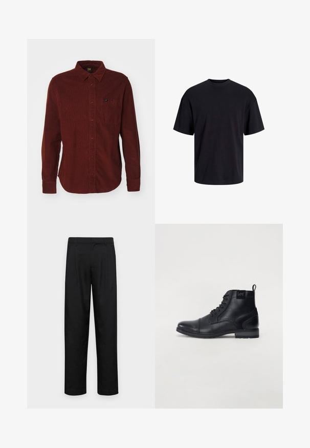 Czerwona koszula z kordurowego materiału z długimi rękawami, z kołnierzykiem na guziki, przednią kieszenią oraz subtelną teksturą prążkowaną. Etykieta marki widoczna na kieszeni.; Czarna bawełniana koszulka z okrągłym dekoltem, krótkimi rękawami i luźnym krojem. Gładka tekstura, bez widocznych wzorów czy akcentów.; Czarne spodnie wykonane z gładkiego materiału, z prostą nogawką, dwoma fałdami z przodu oraz standardowym paskiem z wypustkami na pasek.; Czarne skórzane botki za kostkę z sznurowanym przodem, zaokrąglonym czubkiem, płaską gumową podeszwą i małym uchwytem z tyłu. Posiadają subtelną logo po boku.