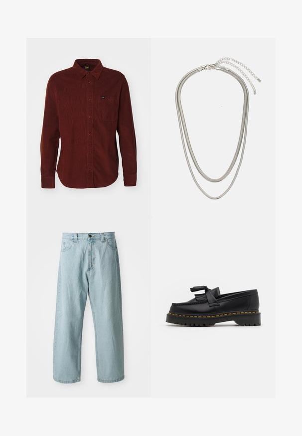 Punainen kamelihousukangas-paitapusero, jossa on pitkät hihat, napillinen kaulus, etutasku ja hienovarainen uritettu pinta. Brändilogo näkyvillä taskussa.; Vaaleansiniset farkut, joissa on leveä lahjetyyli. Ominaisuuksiin kuuluu viisi taskua, etu-nappi ja vetoketjukiinnitys sekä hieman haalistunut rakenne.; Musta nahkakengät, joissa on tupsuakkentti, paksu musta pohja ja keltainen ommel reunassa. Rakeinen pinta.; Kolmikerroksinen hopeametallinen kaulakoru, jossa on tyylikkäitä, joustavia ketjuja, joissa on hieno kiilto. Kaulakoru on kiinnitetty hummerilukolla ja siinä on säädettävä ketju.