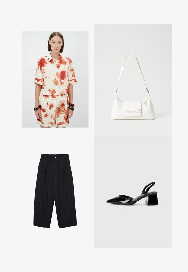 Set di camicia cropped floreale e pantaloni shorts color crema con motivi floreali rossi. Chiusura con bottoni, maniche corte e una tasca sul petto.; Pantaloni culotte neri in poliestere con una cintura elastica, due pieghe frontali e una silhouette ampia. Nessun motivo visibile o dettagli in metallo.; Décolleté in vernice nera con punta affusolata e tacco in geometria cubica. Presentano un design elegante e minimalista, con una texture liscia.; Borsa sintetica bianca a forma triangolare, con patta anteriore piatta e dettaglio a fiocco, tracolla regolabile, texture liscia e design minimalista.