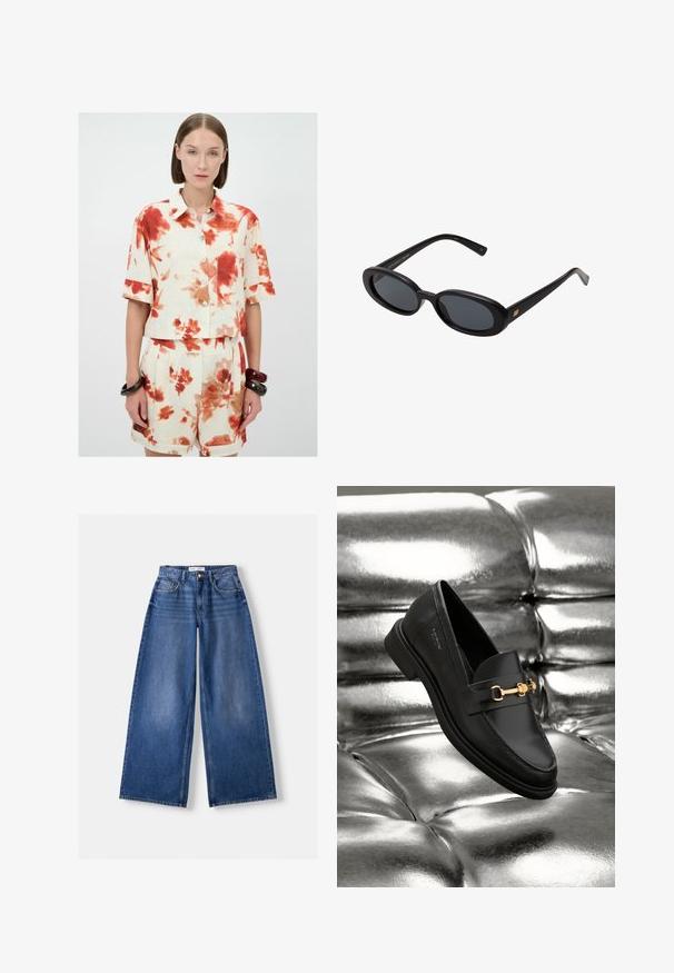 Blomsterkrøllet skjorte og shorts sæt i cremefarvet med røde blomster mønstre. Knappet front, korte ærmer og en enkelt brystlomme.; Bershka WIDE-LEG - Wide leg - dark blue; Sorte læder loafers med en guldfarvet hardware detalje. Skoen har et elegant design og en glat, skinnende overflade.; Store store; Blød brun hobo-stil håndtaske med en enkelt bred strop og en buet åbning på toppen, vist på en hvid baggrund.