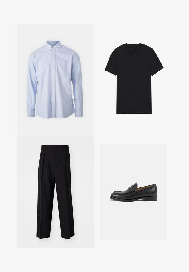 Modrá košeľa na gombíky z ľahkej tkaniny, s ostrým golierom, dlhými rukávmi a jednou náprsní kapsou.; Čierne bavlnené tričko s krátkymi rukávmi a okrúhlym výstrihom. Materiál má hladkú textúru a jednoduchý, jednofarebný dizajn.; Čierne skladané nohavice s rovnom, širokým strihom. Vyrobené z hladkého materiálu, s gombíkovým zapínaním a pútkami na opasok.; Čierne kožené mokasíny s hladkým povrchom, zaoblenou špičkou a dekoratívnym prešívaním na prednej časti. Nízky kokteilový opätok a jemný lesk.