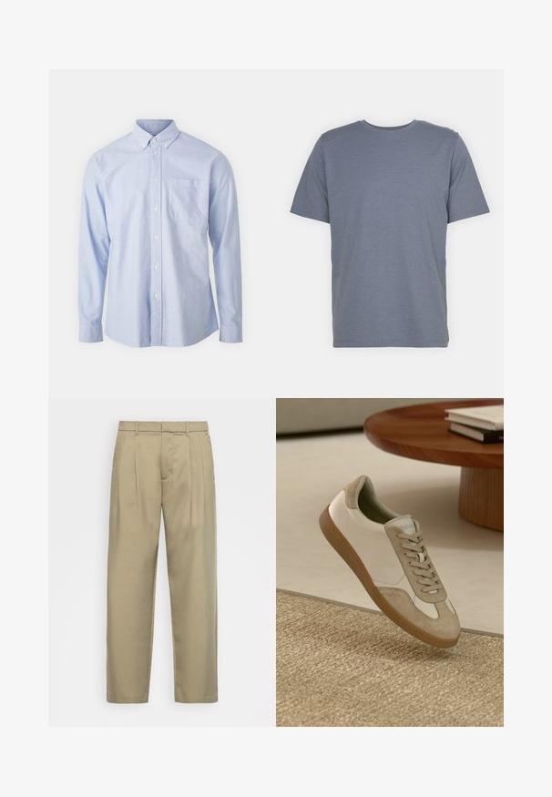 Blå skjorte med knapper laget av lett stoff, med spiss krage, lange ermer og en enkelt brystlomme.; Grå kortermet T-skjorte med rund hals, laget av myk bomullsblanding. Enkel design, ingen mønstre eller accenter.; Beige, høytlivs bukser med rett snitt, med flat front, sidelommer og et jevnt, strukturert stoff.; Lett sko med en hvit skinn-overdel og beige semsket skinn-detaljer, rund tupp og en teksturert brun gummisåle.