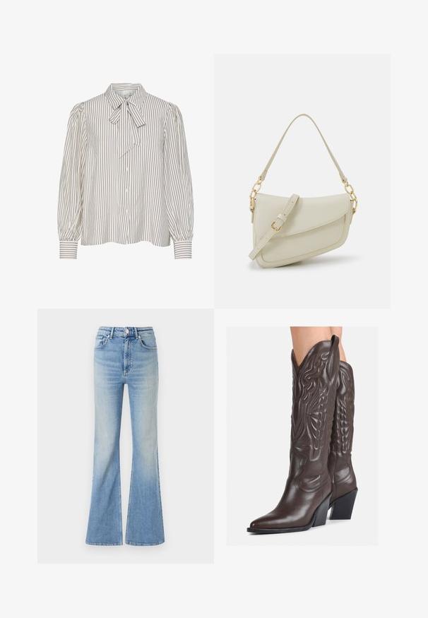 Chemisier à boutonnage devant avec des rayures verticales blanches et bordeaux, un col en nœud papillon et des manches bouffantes froncées avec une texture lisse.; Jean évasé bleu clair en denim, doté d'une taille haute, d'un design à cinq poches et d'un dégradé subtil vers l'ourlet.; Bottes de cowboy en cuir marron avec un bout pointu et un talon bloc, présentant des coutures détaillées et des accents en relief sur la tige.; Petit sac à main crème avec une finition texturée, une longue sangle réglable, un accent en chaîne et une fermeture à rabat. Détails en matériel doré.; Boucles d'oreilles en argent en forme de créoles avec un design torsadé, dotées d'une finition polie et d'une fermeture à poussoir. Mesurent environ 3 cm de diamètre.
